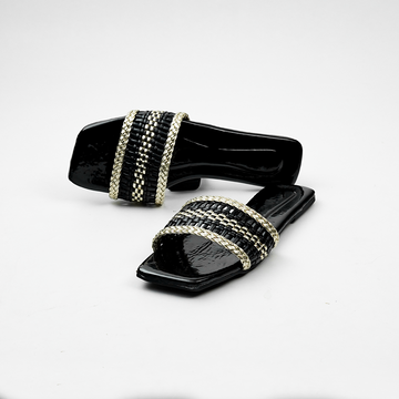 Woven Silver Trim Slides Black