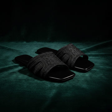 Lace Embroidered Slides - Green Velvet