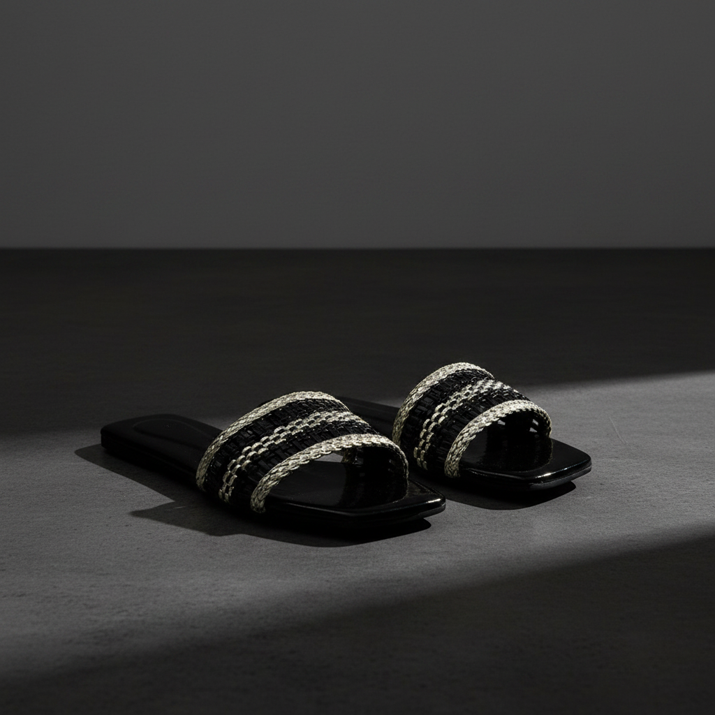 Woven Silver Trim Slides - Charcoal