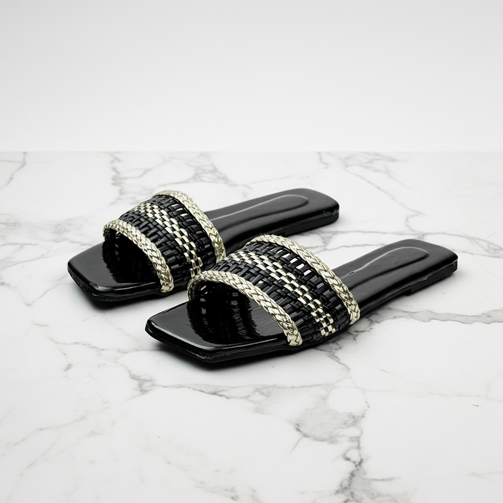 Woven Silver Trim Slides - White Marble